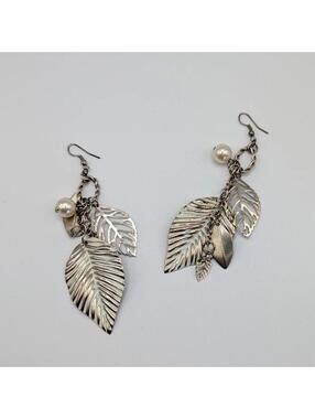 Vintage Silver Tone Leaf and Pearl Dangle Earrings